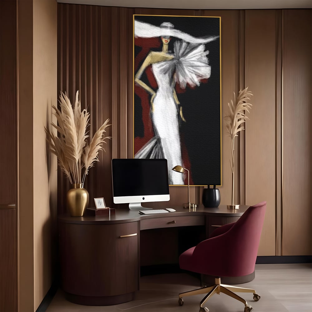 Tablou canvas cu ilustratie cu manechin in rochie alba, in rama de aluminiu auriu, pe perete intr-un birou